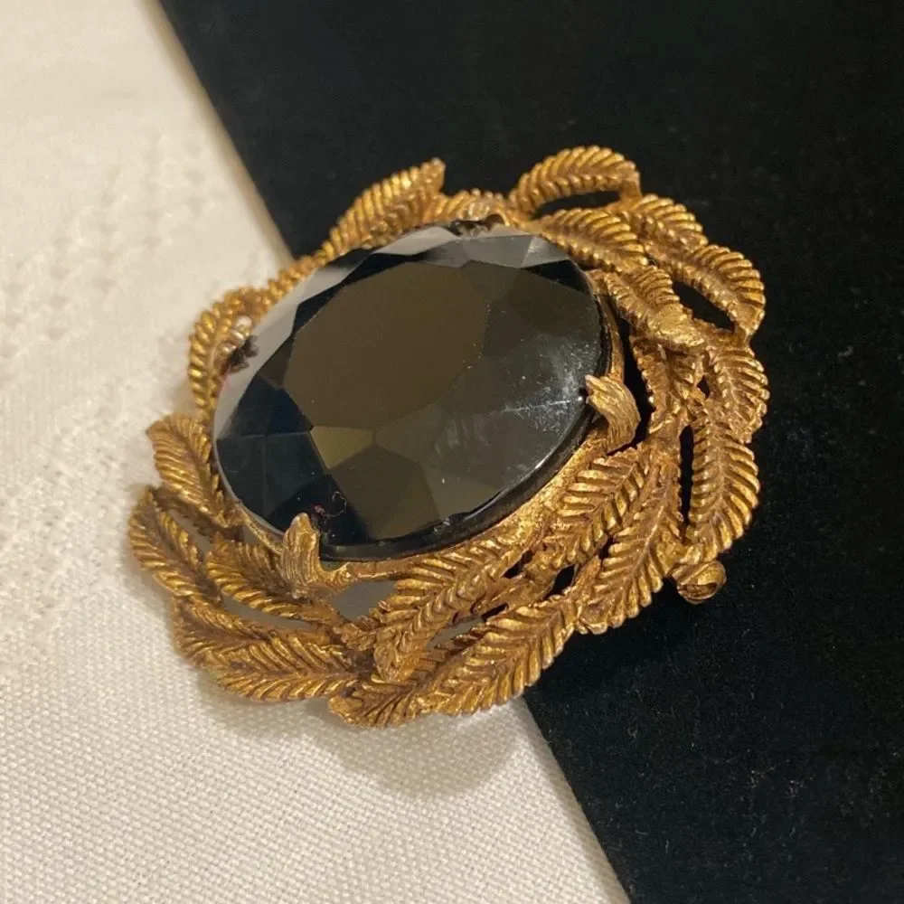 Vintage Faceted Black Rhinestone And Brass Brooch